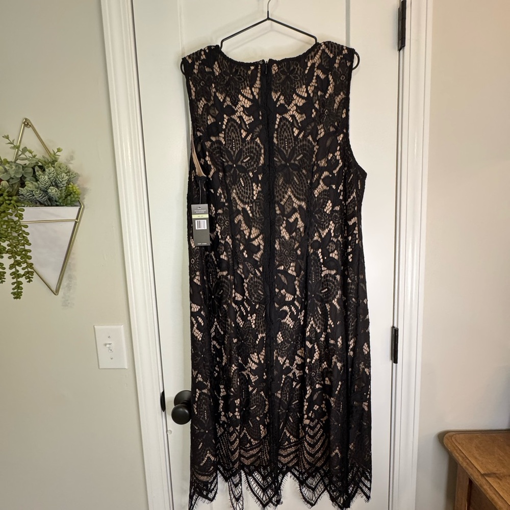 Sharagano Black Lace Overlay Midi Dress with Nude Lining - Picture 7 of 8